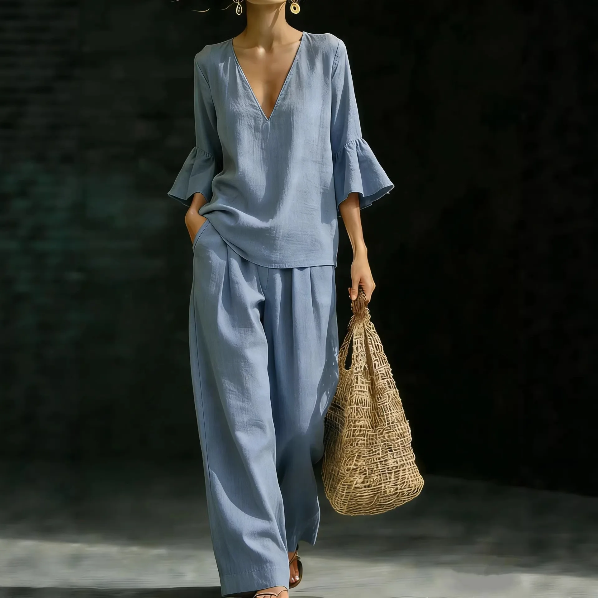 2026 Spring Summer Women's Suit Elegant Cotton Linen Top with Lotus Leaf Sleeves Casual Trousers Europe The USA 3XL Size