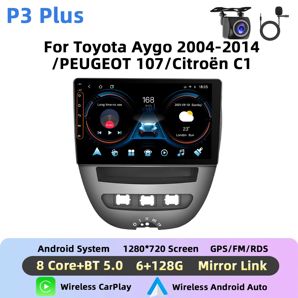 Podofo 10 ''Draadloze CarPlay AI Voice Autoradio Voor Toyota Aygo 2004-2014/PEUGEOT 107/Citroën C1 Android GPS DSP Autoradio FM BT
