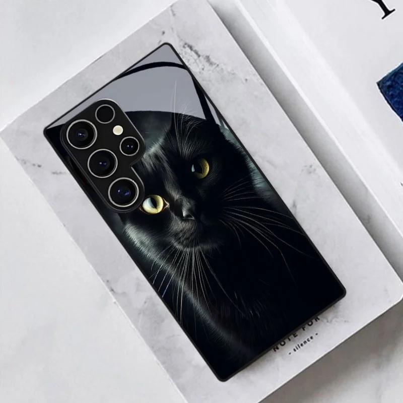 A Black Cat Pattern Tempered Glass Phone Case for Samsung Galaxy S26 S25FE, S25, S24, S23, S22, S21, S20 FE Ultra + Plus