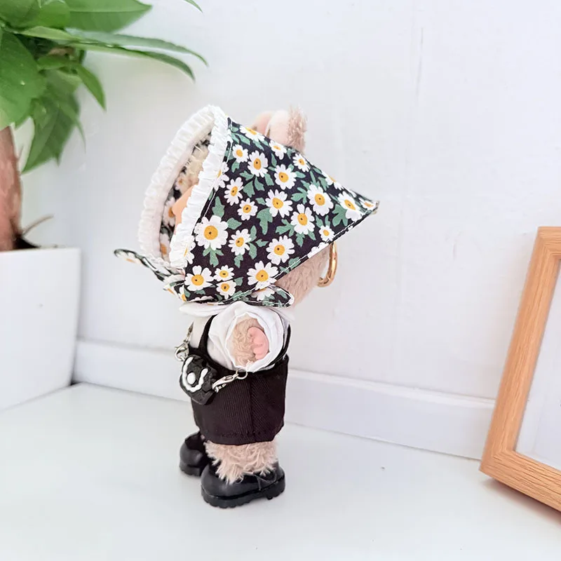 ลาบูบู 1st - 3rd Gen ชุดวินเทจลายดอกไม้ผ้าโพกศีรษะเดซี่และชุดเอี๊ยมสีดำสำหรับตุ๊กตาขนาด 15/17 ซม.