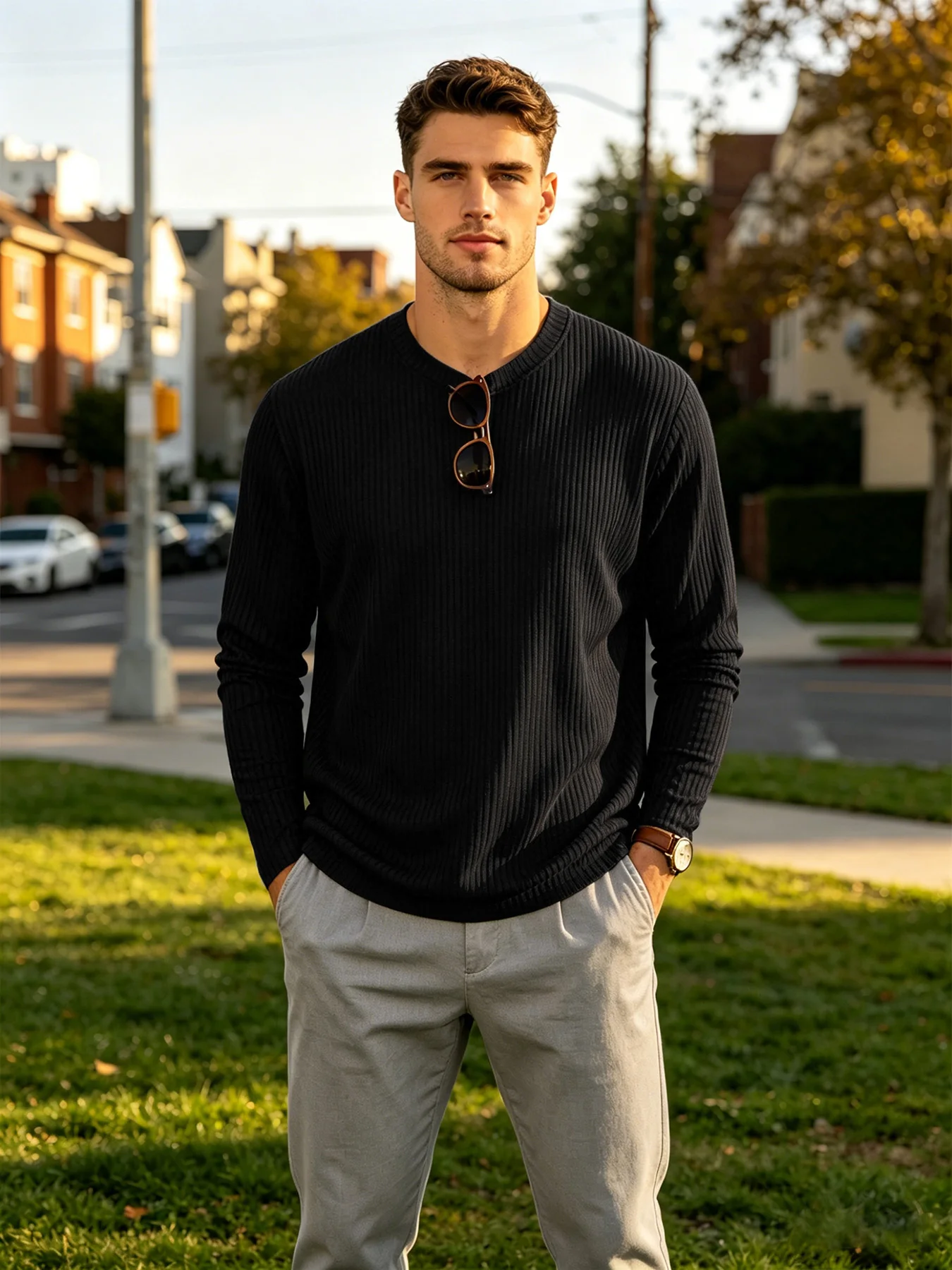 Modisches, texturiertes, vertikal geripptes Herren-Langarmshirt mit Rundhalsausschnitt, elastisches Stretch-Strickoberteil, atmungsaktives Basic-Shirt für den Streetwear-Look – Detail 4