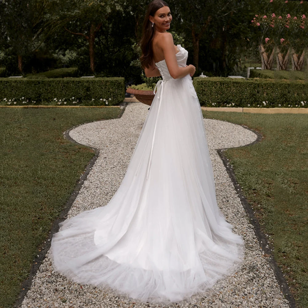 Elegante vestido de casamento sem alças sem mangas clássico tule linha a até o chão com apliques e miçangas vestidos de noiva personalizados