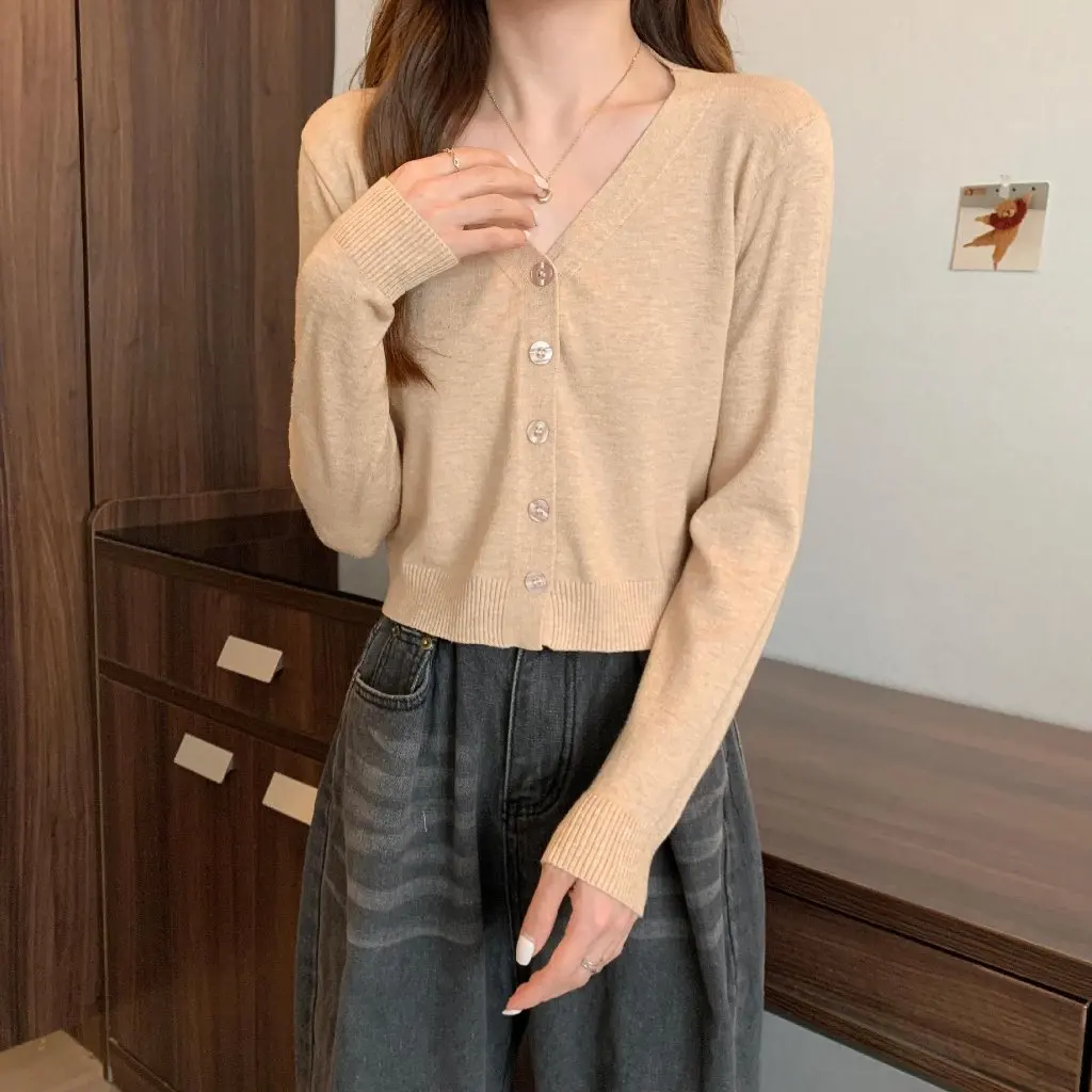 

Women's V-Neck Pink Sweater Jacket Thin Early Autumn Outer Wear Short Knitted Cardigan High Waist Top New