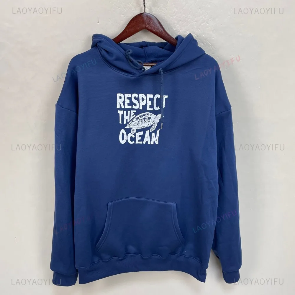Respect The Ocean Hoodie - Ocean Surf Hoodie Carolina Blue Hoodie Words on Back Turtle Sweatshirt for Outdoor Enthusiasts