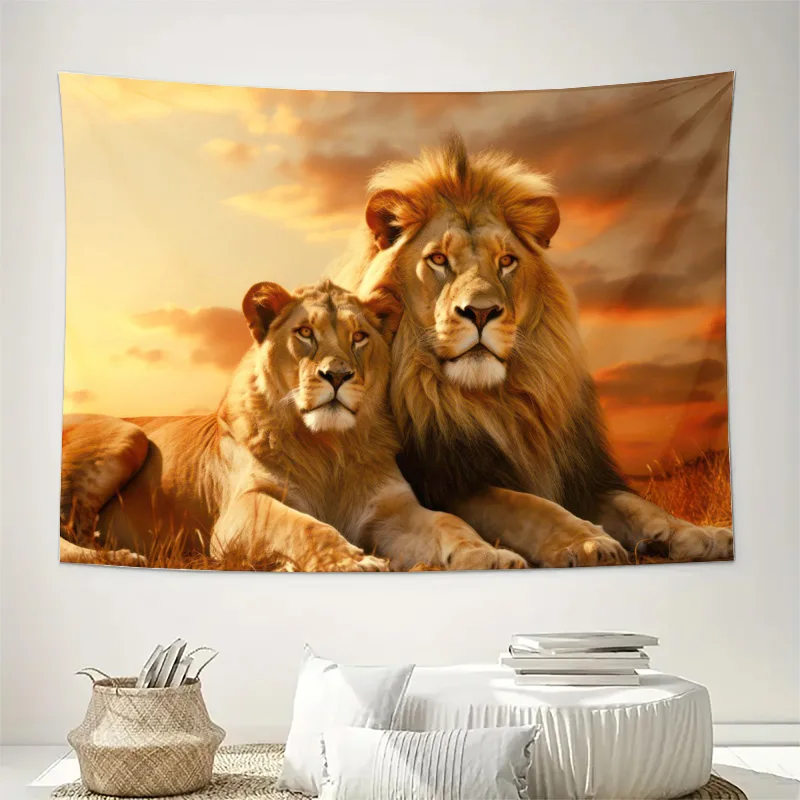 Majestic Lion Pair Sunset Wildlife Tapestry Wall Hanging Jungle Safari Print Decor Artwork for Living Room Hallway