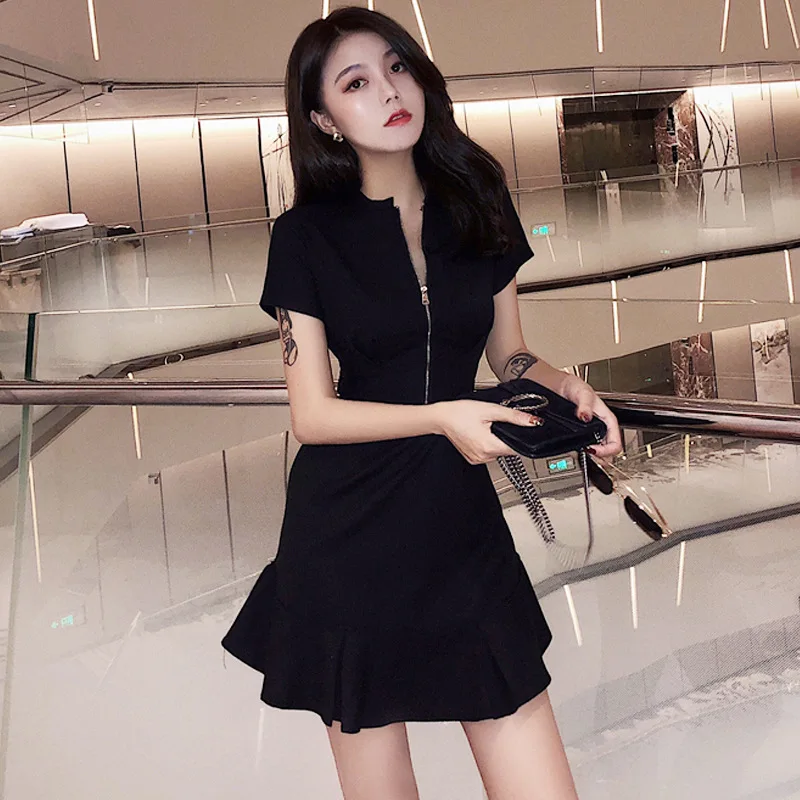 New Dress Women Summer Korean Style Leisure Zipper O-neck Short Sleeve Fashionable Dresses Casual Vestidos A Tight-fitting Dress