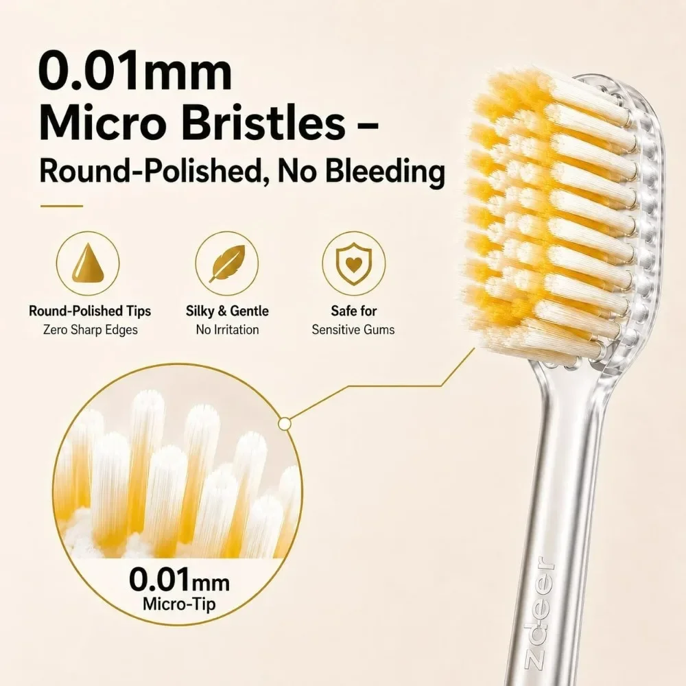 Metal Handle Manual Toothbrush with 5 Replaceable Soft Bristle Heads, Sensitive Gum Reusable Premium Oral Care Toothbrush Set