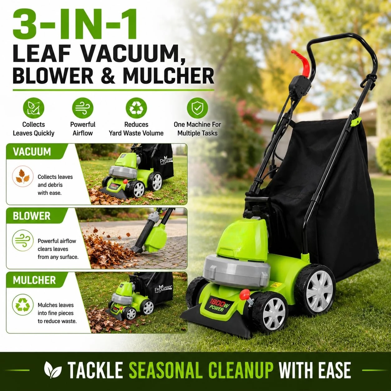 1600W 3-in-1 Electric Leaf Blower Vacuum Mulcher, Corded Leaf Vacuum with 12 Gallon Collection Bag, Leaf Shredder &