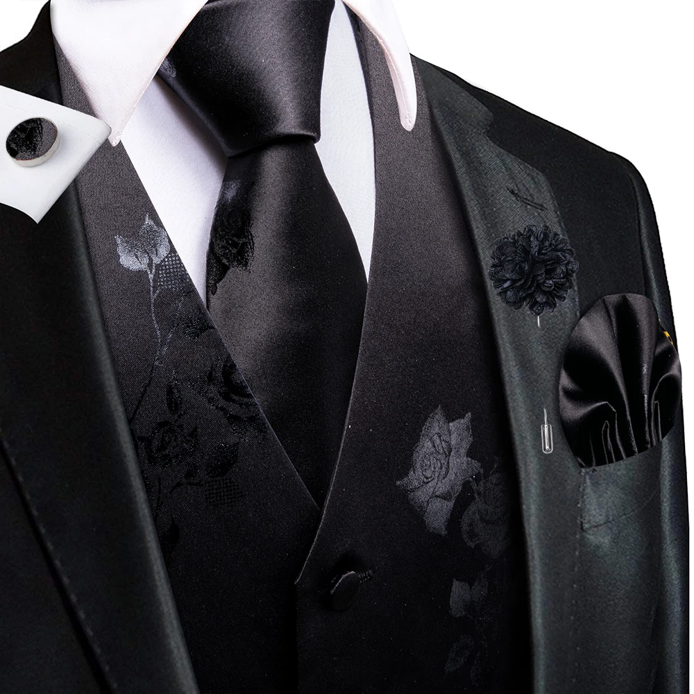 Hi-Tie Formal Black Silk Mens Vests Print Jacquard V-Neck Waistcoat Tie Hanky Cufflinks Brooch Set for Men Suit Wedding Business