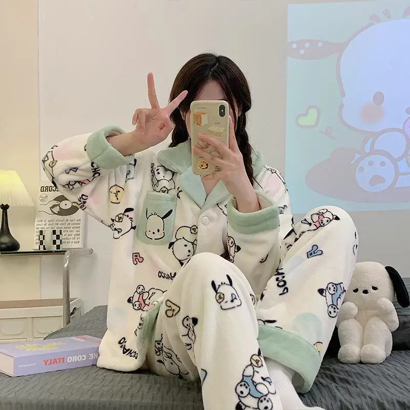 

Женский плюшевый пижамный комплект Hello Kitty Pochacco, мягкая фланелевая зимняя одежда для сна, теплый милый утепленный топ и низ, домашний костюм, подарок