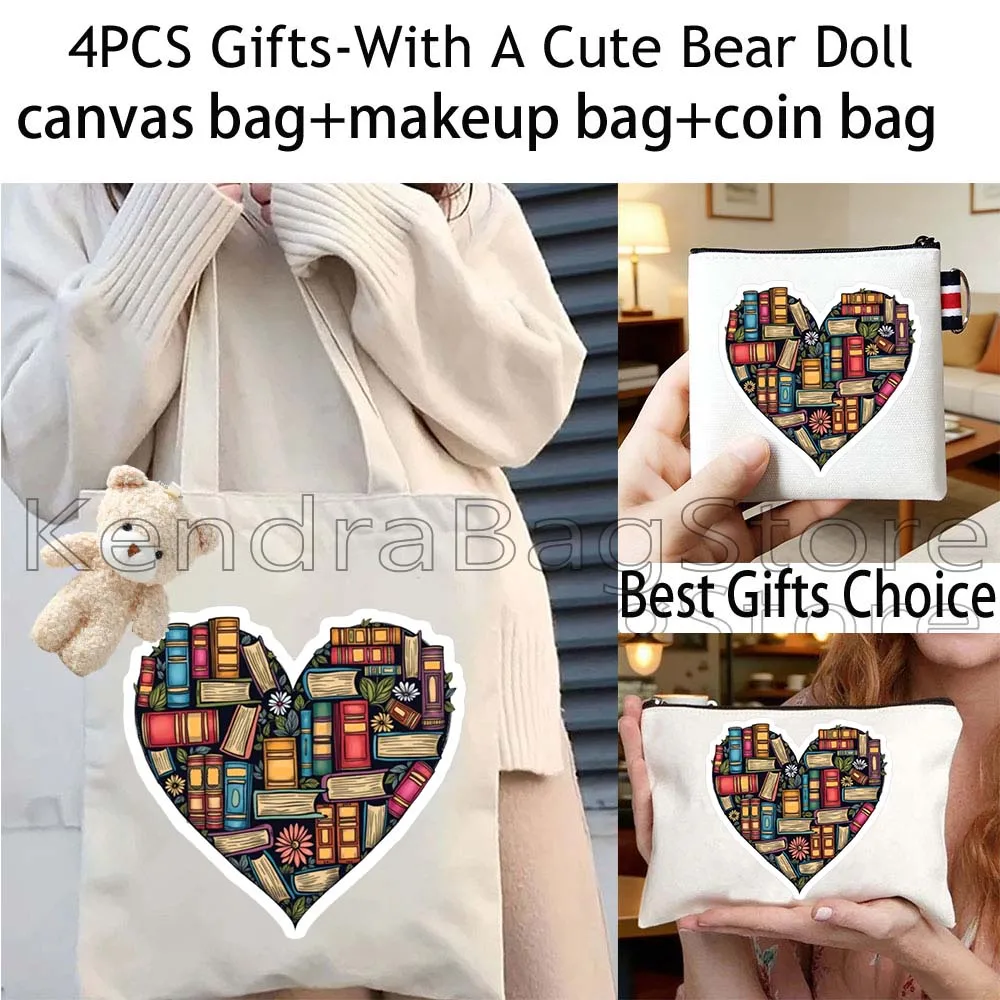 4PCS Gifts Aesthetic Floral Books Lover Bookish Canvas Tote Bag Shoulder Handbag,Cosmetic Makeup Bag,Coin Purse Key Wallet Pouch