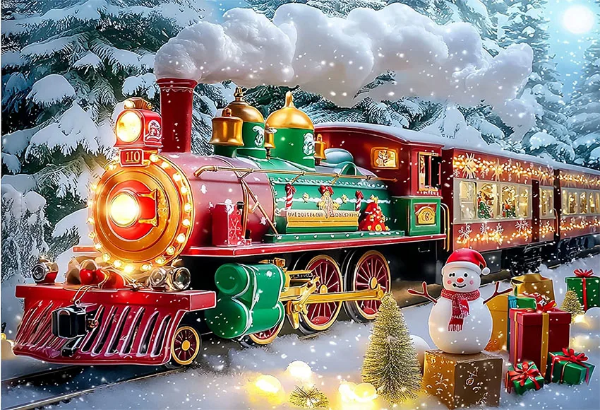 Mehofond 3D قاطرة قطار أخضر خلفية التصوير الفوتوغرافي ، خلفية شجرة عيد الميلاد ثلج ، غيوم الغابات الشتوية الزينة ، الهدايا