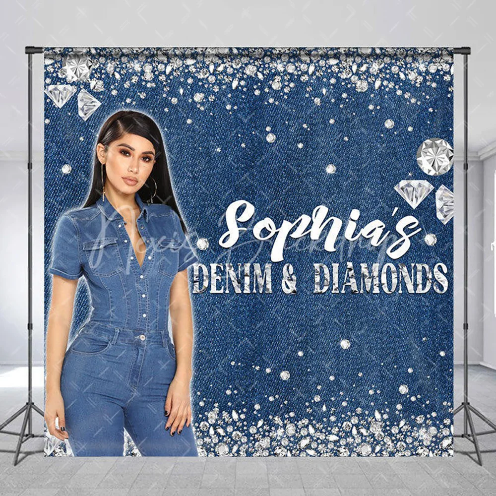 

Denim Blue Diamond Glitter Custom Birthday Backdrop for Women, Jeans Texture Photography Background Party Wall Decoration