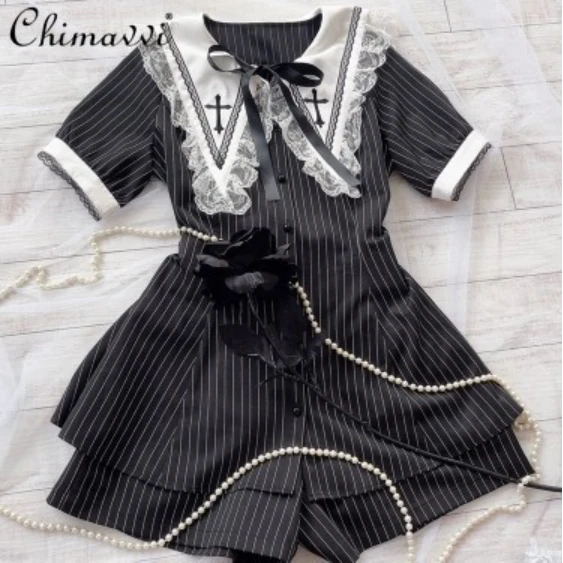 Japanese Mine Mass-Produced Cross Embroidery Dress Sets Summer New Gothic Short Sleeve Slim Top Shorts Lolita Two-Piece Set