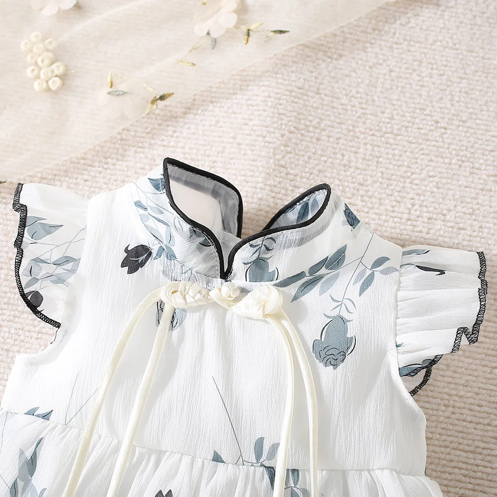 Summer baby girl dress girl flower bone flower print standing collar small flying sleeve Chinese style princess dress