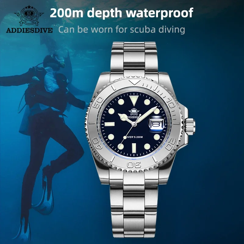 ADDIESDIVE Fashion Mens Quartz Watches Business Stainless Steel 200m Diving Watch Sport Luminous Wristwatch for Man Reloj Hombre