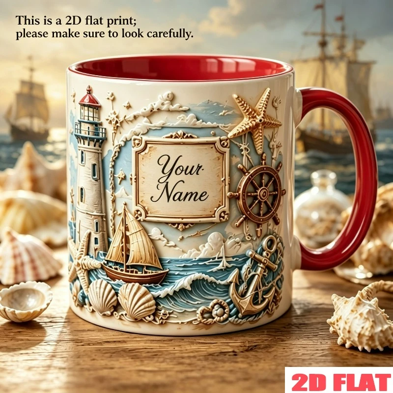 Personalized Nautical Sailing Mug Custom Name 2D Print 11oz Ceramic Coffee Cup Wave Ship Compass Design Gift for Sailor Fisherma