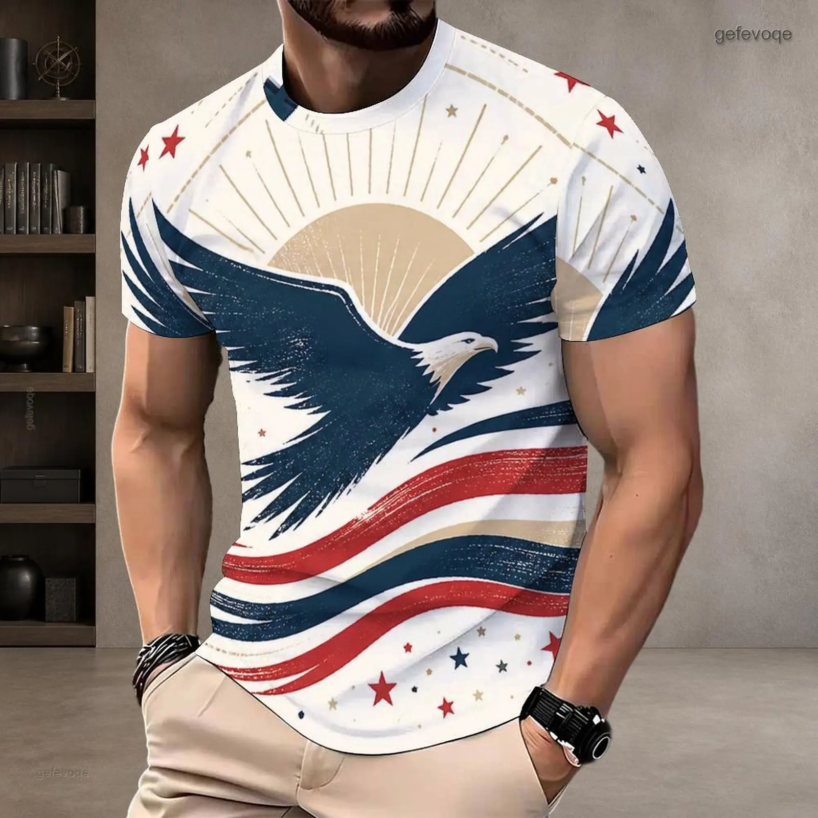 Men Printed Round Neck Short Sleeve T-Shirt, Eagle Sunburst Red Blue White Star Stripe Pullover Top