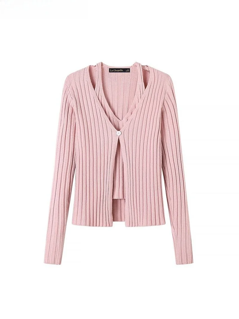 

La Chapelle Design Sense Fake Two-Piece Knitted Long Sve V-Ne Top Women's Autumn New Sle Sweet Sle Polyester Fiber