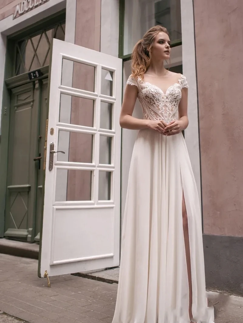 Simple Romantic Wedding Dresses A-Line Chiffon Bridal Gowns Lace Appliques Vintage O-Neck Backless Robes 2024 Vestidos De Novia