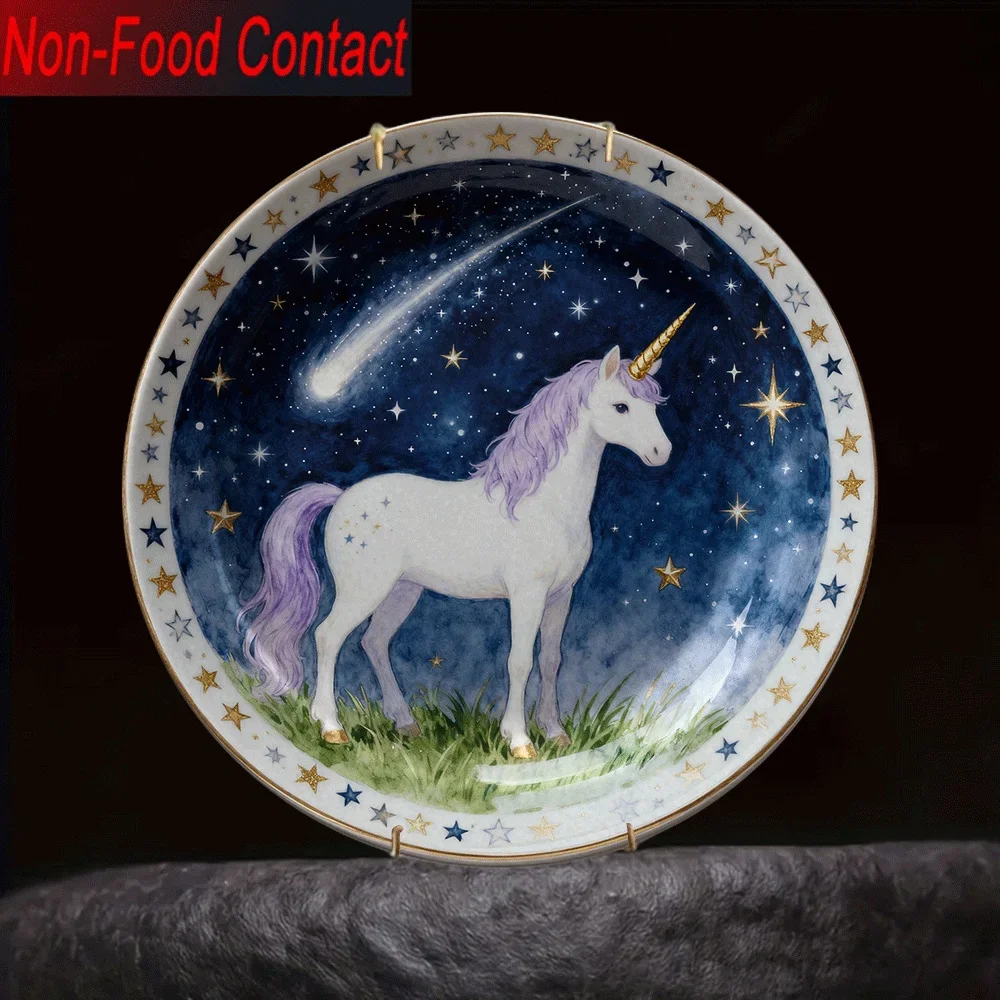 2D Flat, 1pc Ceramic Decorative Plate, Non-Food Contact, Unicorn Starry Sky Pattern Home Desktop Art Ornament for Living Room