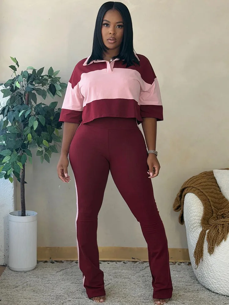 Doyerl Activewear Striped 2 Pieces Set for Woman Tracksuit Fitness Workout Polo Neck T-shirt Top and Flare Pants Sweat Suit