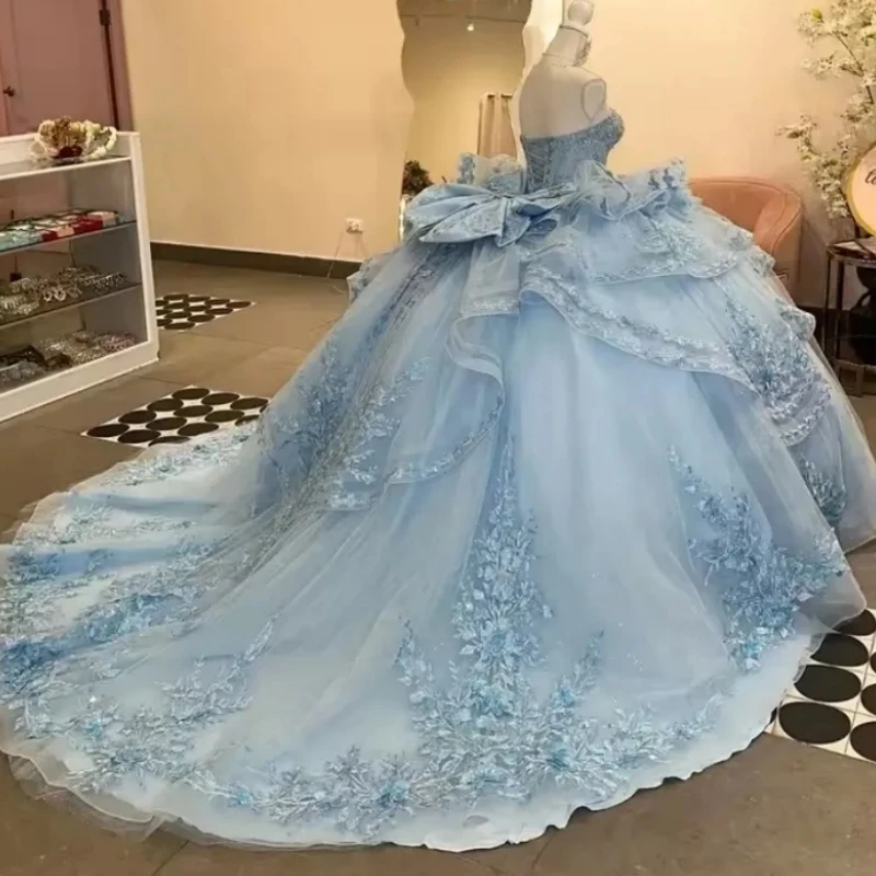 

Роскошное мексиканское платье для XV-летия с кружевными аппликациями и бантом, бальное платье для женщин, для дня рождения, выпускного вечера, торжественных мероприятий, конкурсов красоты, на заказ