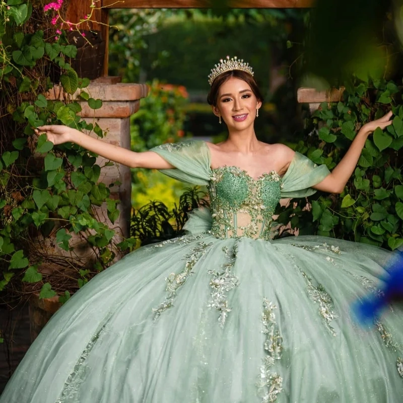 Vestido De fiesta personalizado con forma De corazón De menta, Vestido para quinceañeras, apliques De tul con cuentas De encaje, Vestido De fiesta dulce 16, Vestido De 15 Anos YQD541