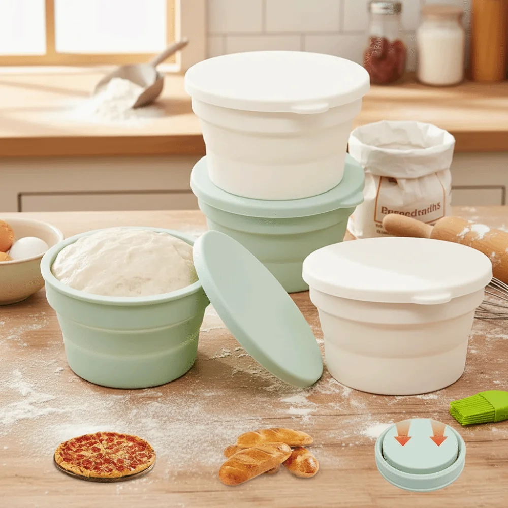 Collapsible Silicone Pizza Dough Proofing Box Non-Stick Round Lidded Hybrid Pizza Dough Box with Airtight Lid