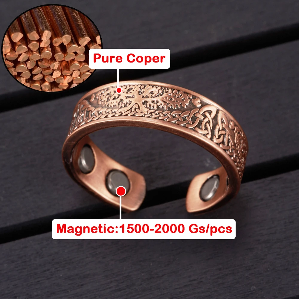 Vinterly Pure Copper Magnetic Rings Lucky Tree Vintage 6.5mm Health Energy Finger Cuff Adjustable Jewelry High Magnet Resizable