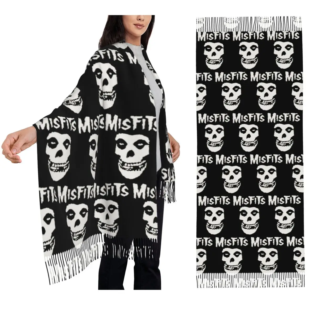 

Сетчатый шарф с черепом летучей мыши Misfits, шарфы с кисточками для женщин, мягкие теплые шали и накидки, длинная осенне-зимняя шаль