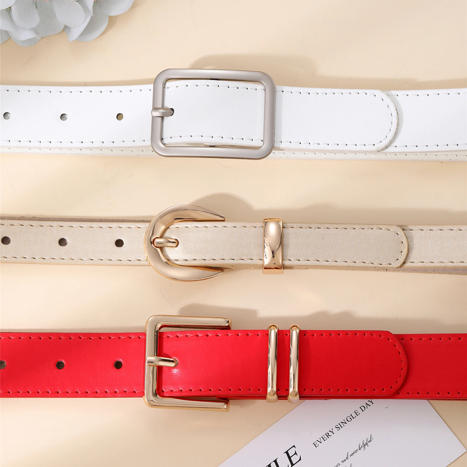 Value 3-Pack Women's Pu Leather Belts, Classic Pin Buckle Waistband Collection, Perfect Gift for Her - White/Beige/Red Assorted