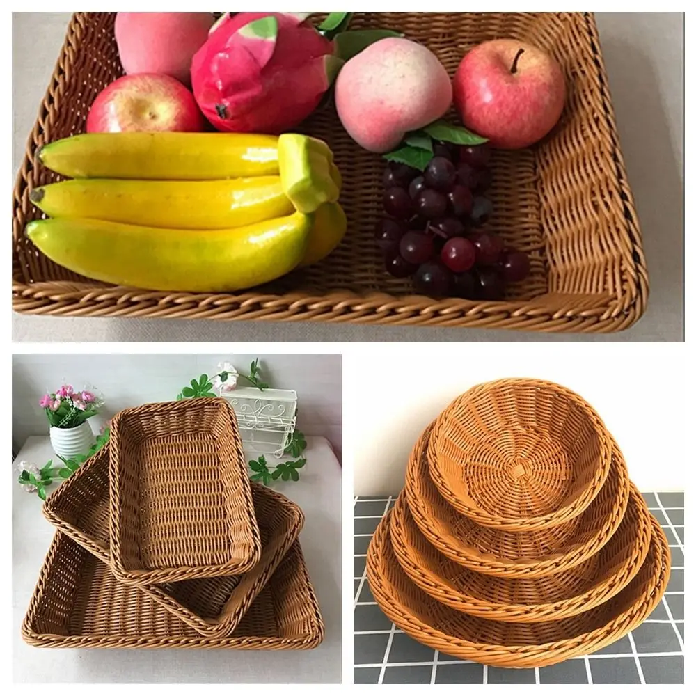 Imitation Rattan Woven Kitchen Storage Basket Round Rectangle Coffee Bread Fruit Tray Vegetables Candy Snacks Sundries Organizer