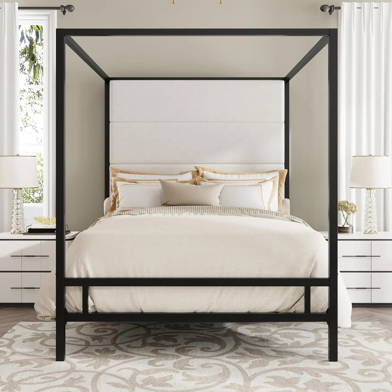 Queen Canopy Bed Frame Metal 4-Poster Upholstered Headboard Heavy Duty Platform Easy Assembly, Customized