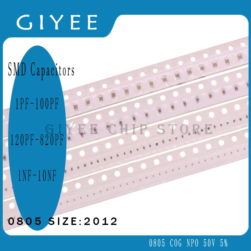 50PCS/LOT 0805 2012 50V 5% COG NPO 1PF-100PF 120PF-820PF 1NF-10NF SMD Capacitors