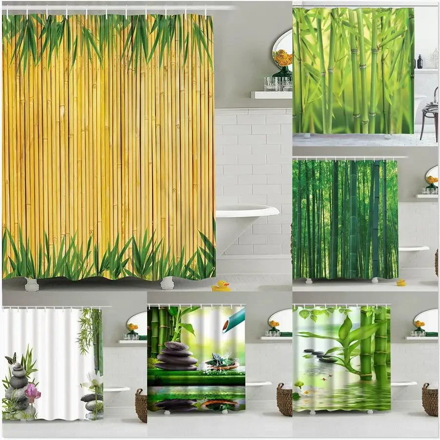 Green Bamboo Print Shower Curtains Leaf Flower Bathroom Curtain Waterproof Fabric Bathtub Screen Background Wall Decor With Hook