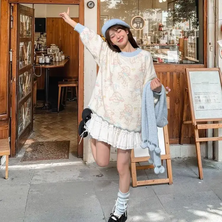 

Японский милый пуловер с принтом ягненка, свитер для женщин, весенне-осенние новые женские вязаные топы для женщин