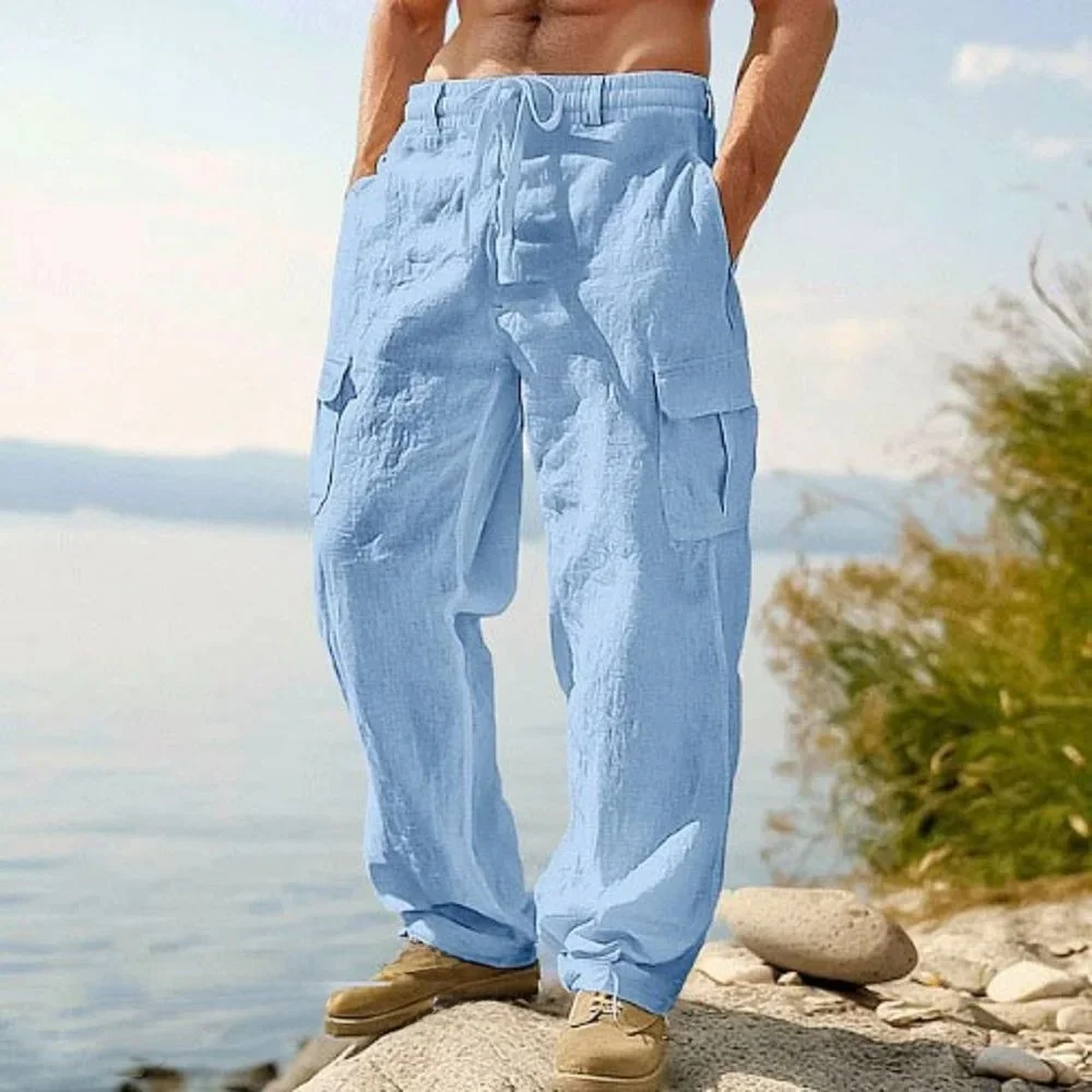 

European American Men's Cotton Linen Trousers Multi Straight Leg Clean Fit PVC Material Neutral Winter Collection