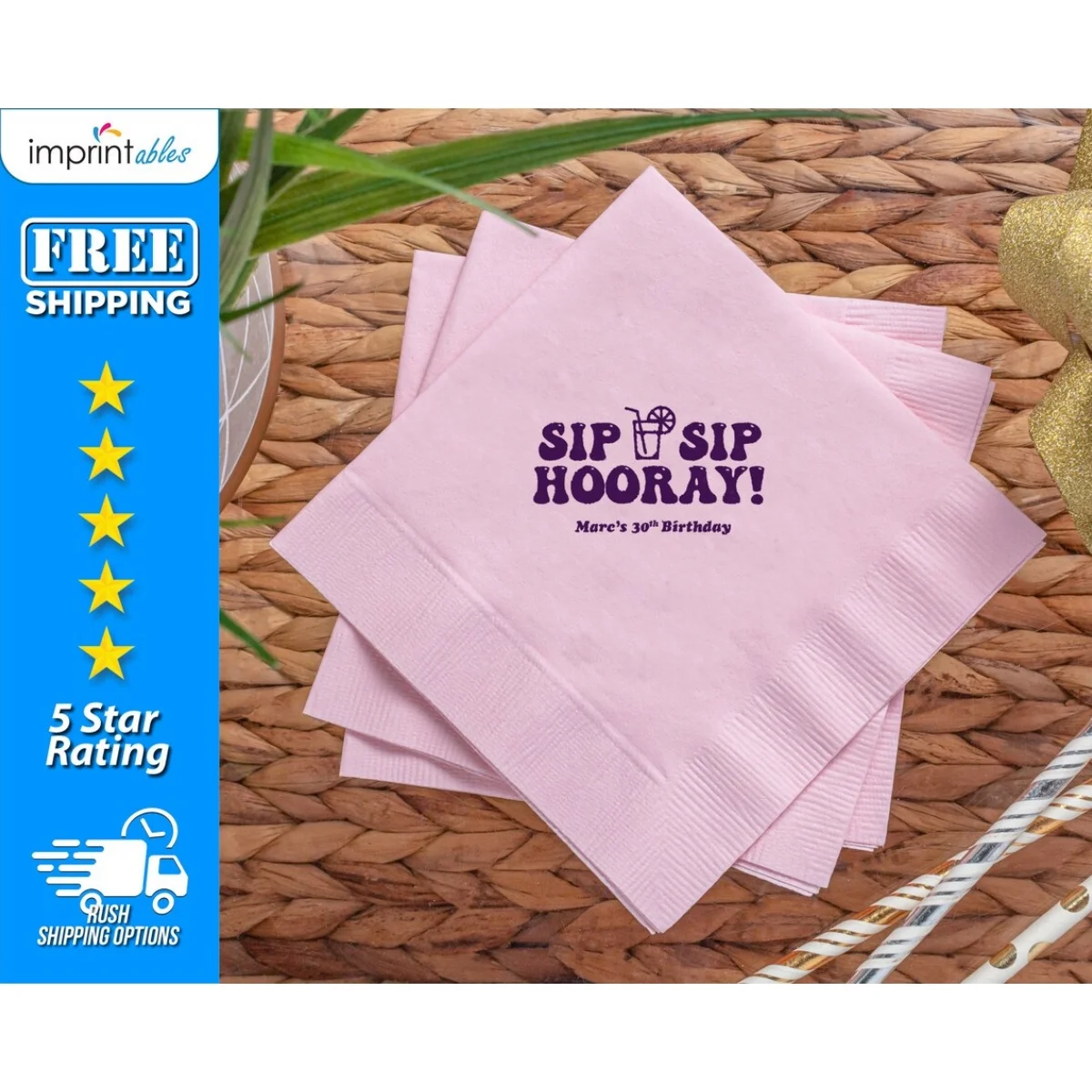 

50pcs Custom Party Napkins | Sip Sip Hooray Napkins | Birthday Party Napkins | Personalized Beverage Napkins | Birthday Napkins