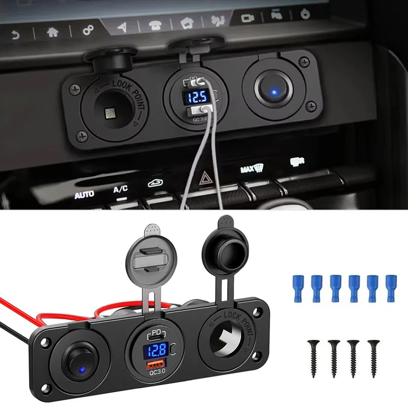 

PD USB C QC3.0 Car USB Charger Socket Splitter Panel with LED Voltmeter Cigarette Lighter Socket for Bus, RV, ATV,Truck,Boat