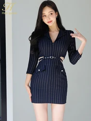 H Han Queen Autumn Women New Hollow Out Sexy Pencil Short Dress Fashion Slim Bodycon Striped Casual Dresses Office Party Vestido