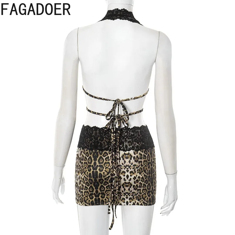 FAGADOER été nouveau Sexy imprimé léopard robe moulante femmes dentelle Patchwork profond V évider robes femme Streetwear robes