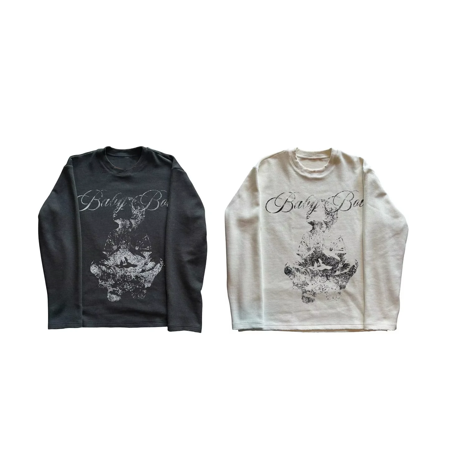 2026 Unisex Vintage Long Sleeve Tee, Distressed Sitting Figure Gothic Cursive Print Crew Neck Y2K Streetwear Top Kids