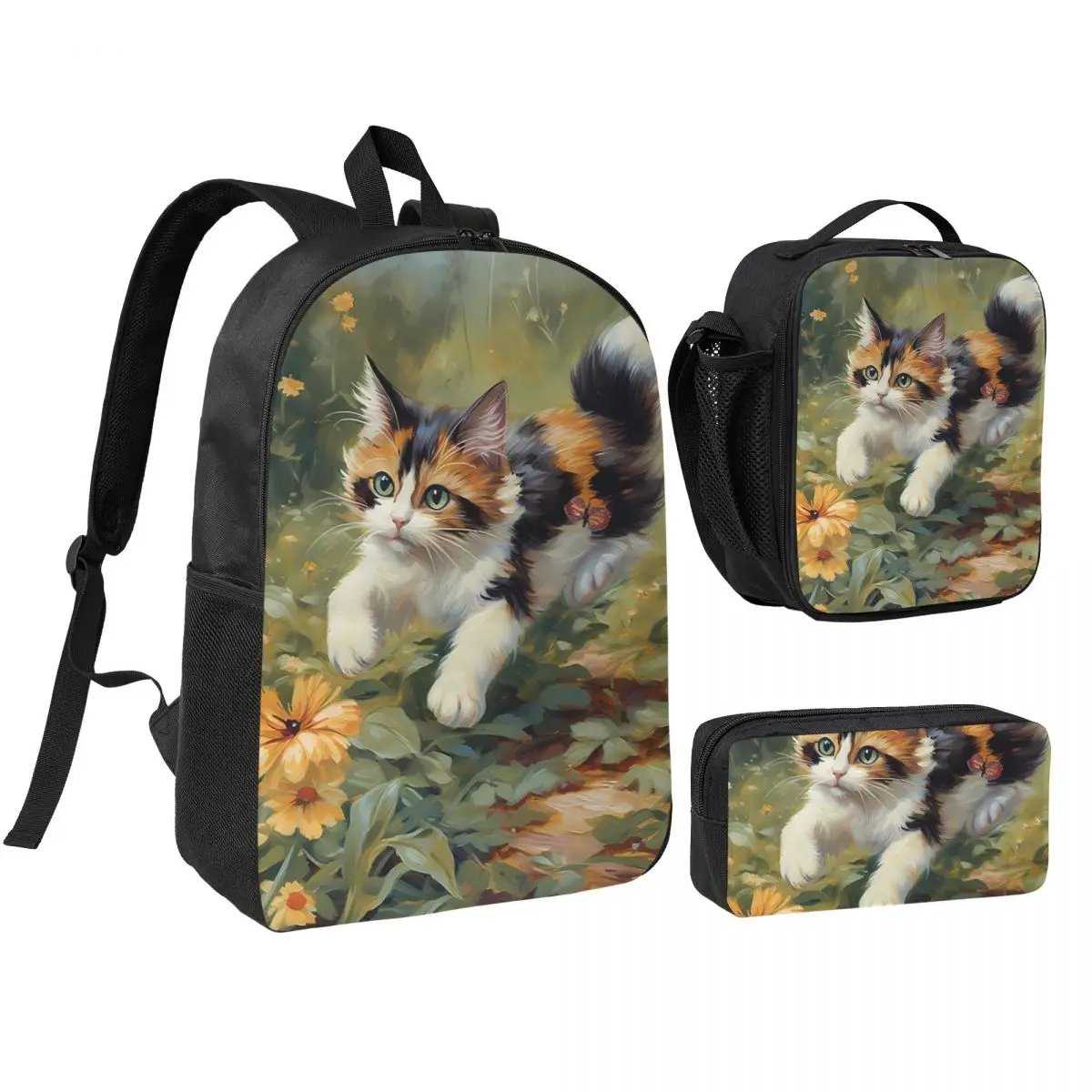 Calico Kittens Among Butterflies In Grass Backpack Student BookBag School Bag Shoulder Bags 3ps Insulated Lunch Bag Pencil Case