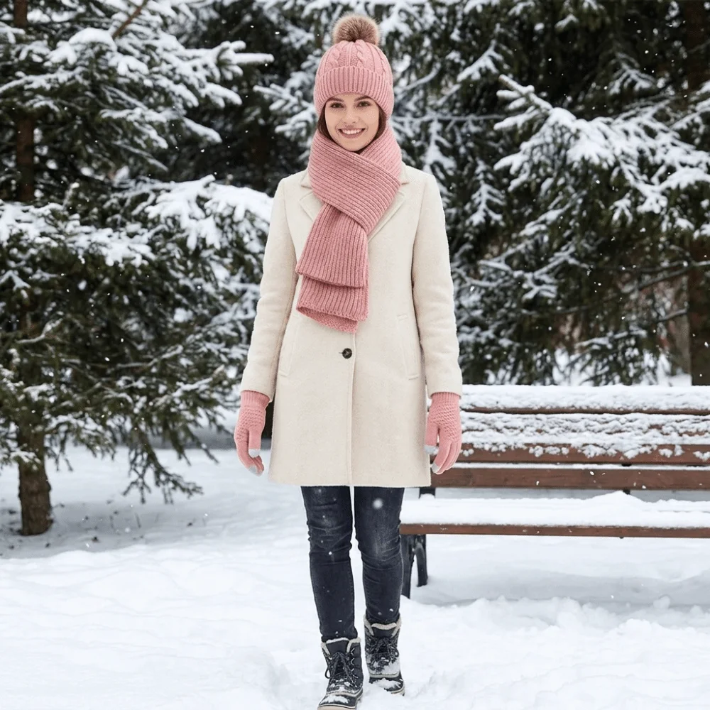 3Pcs/Set Simple Cold Proof Scarf Hat Gloves Set Elastic Warmer Mittens Pullover Cap Touch Screen Thickened Knitted Scarf Cycling