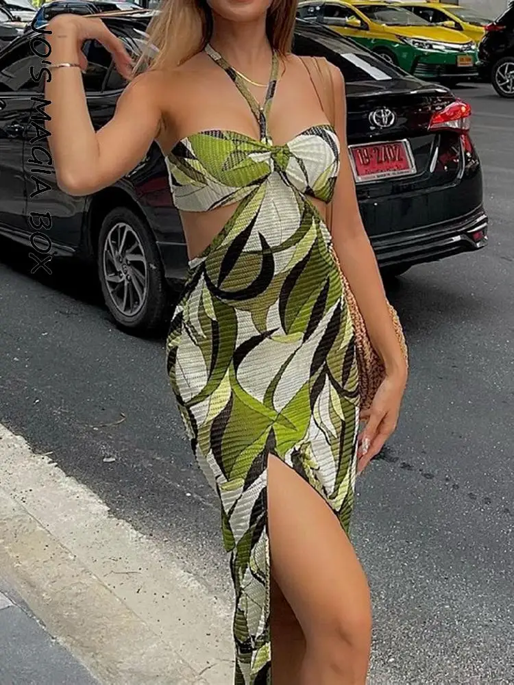 

Jo's Magia Box Halter Bandage Sexy Women's Split Midi Dress 2022 Summer Print Cut Out Backless Casual Party Club Woman Dresses