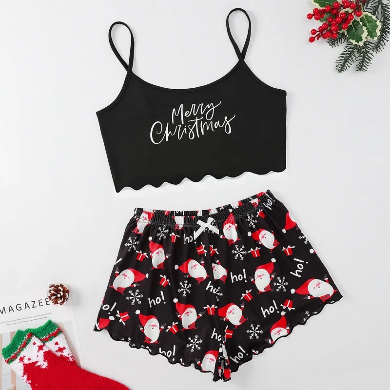 New Women\'s Christmas Pajama Set Thin Suspender Top with Santa Claus Printed Shorts Casual Homewear Suspender Shorts