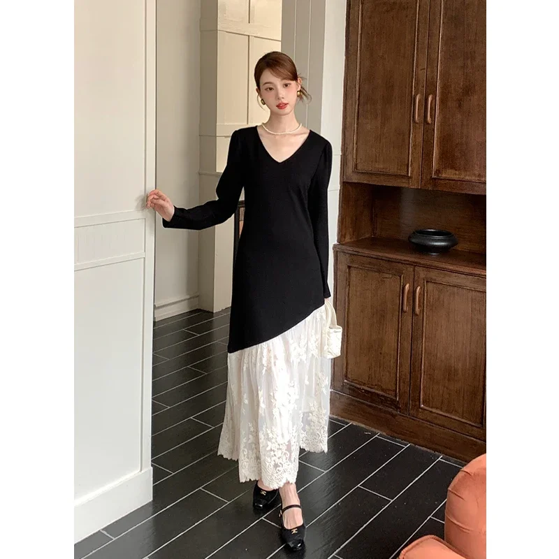 MiiiiX Office Lady French Style Elegant Spliced Long Dress Women's 2024 Autumn Design V-neck Long Sleeve Dress Female Clothes