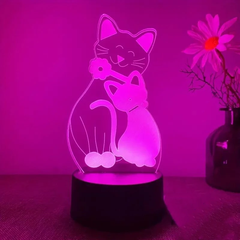 Lampu malam kucing 3D isi 1 buah, lampu ilusi optik 3D dengan sentuhan, lampu sekitar 7 warna berubah untuk kamar tidur