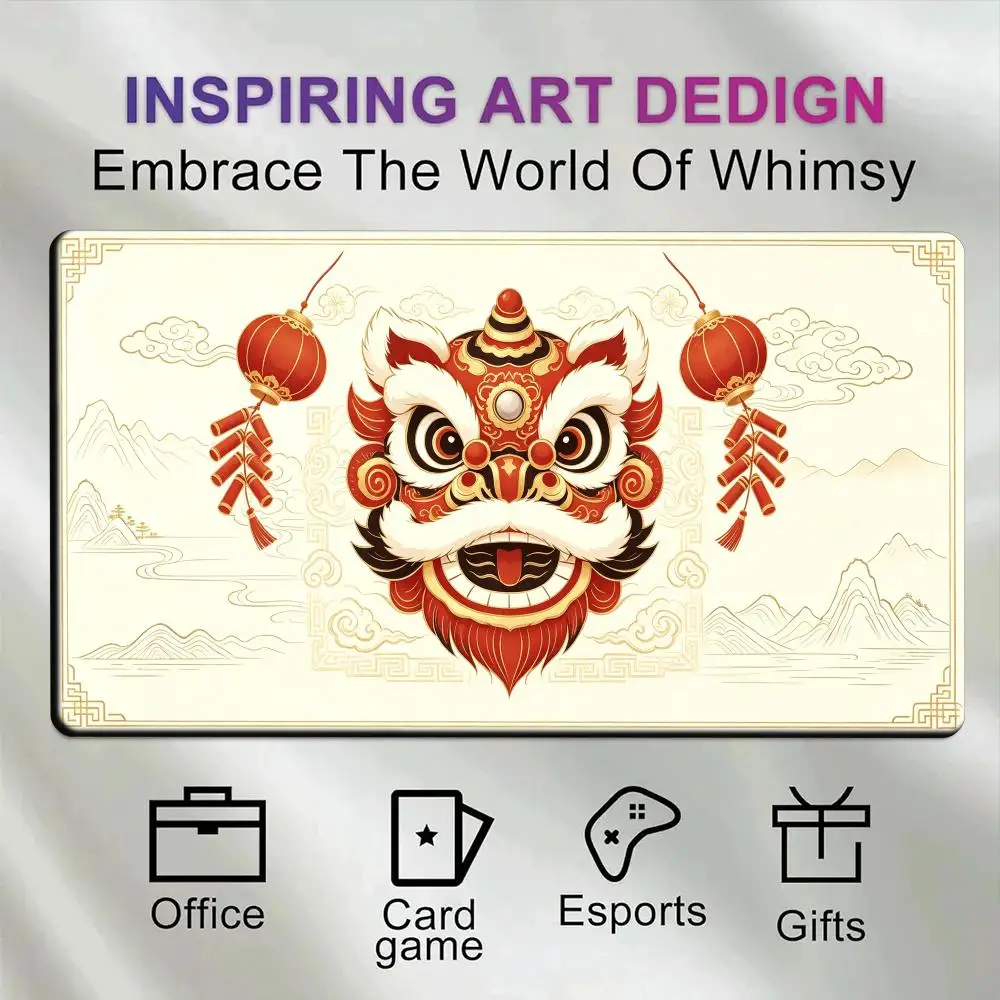 Chinese Lion Dance Large Gaming Mouse Pad Traditional Festive Lion Head Lantern Firecracker Cloud Mountain Anti‑Slip